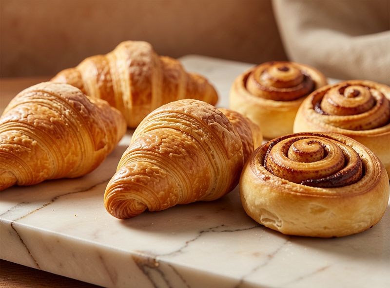 Freshly baked artisan pastries on marble