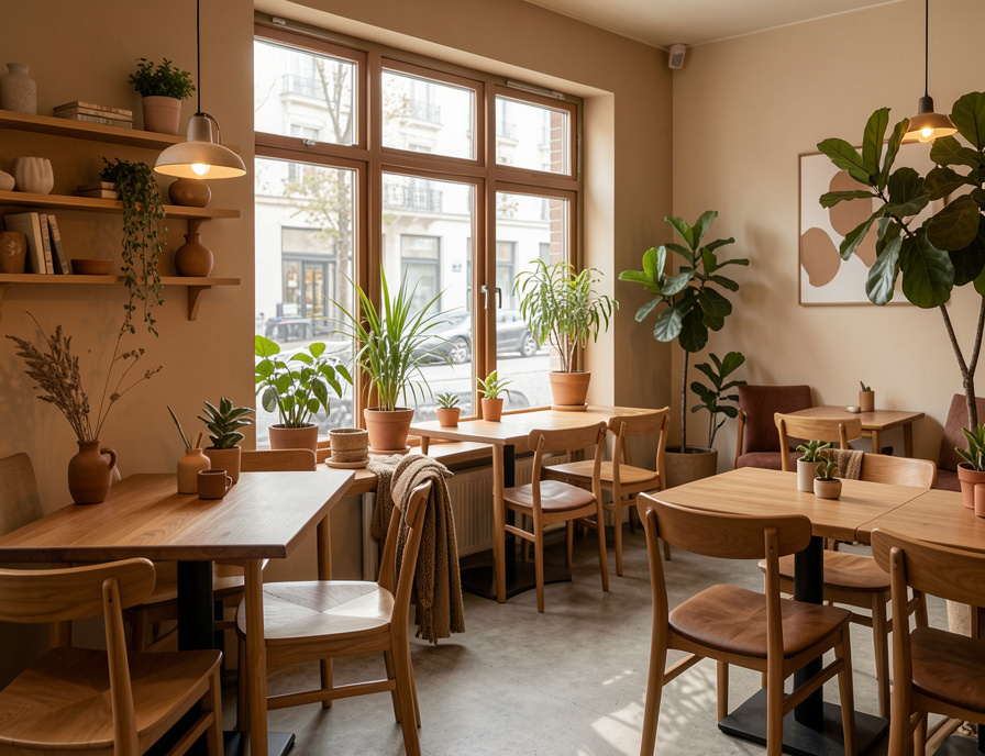 Warm Scandinavian café interior with natural light